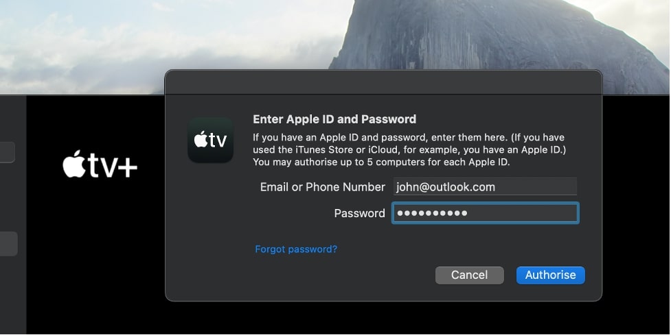 how to authorize MacBook for Apple TV