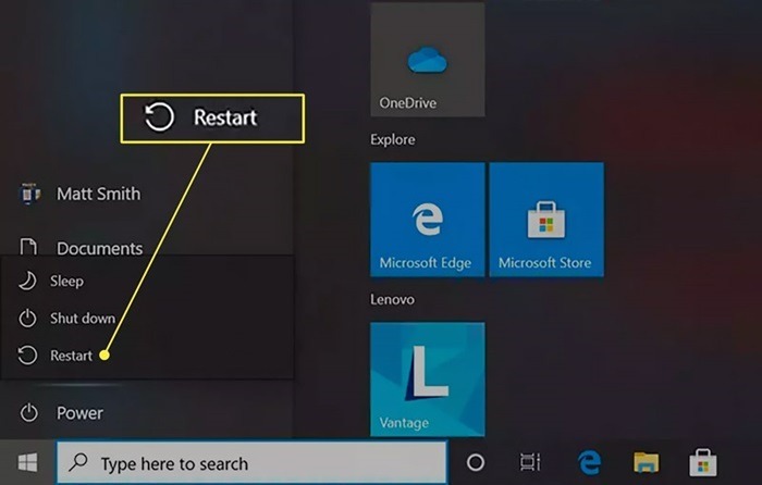 reboot dell laptop from start menu